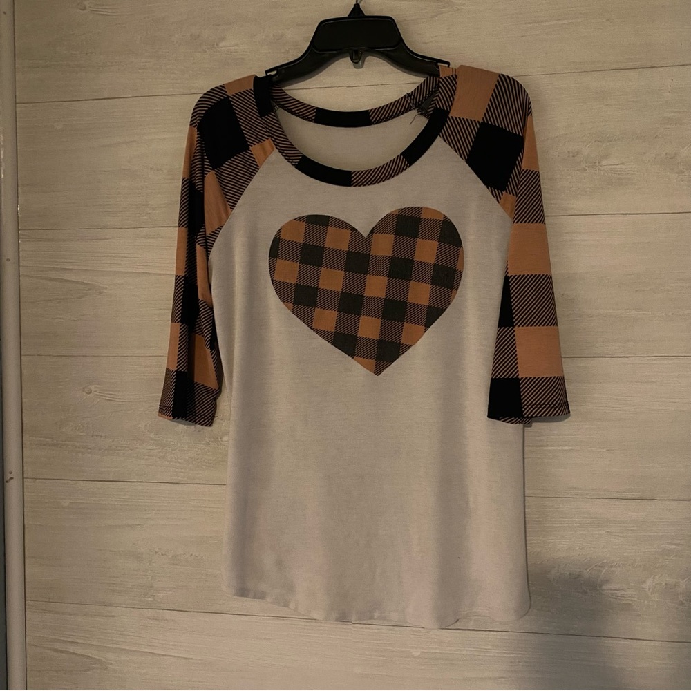 Boutique Women's Top "For the Love of Plaid" 3/4 Sleeve Pink/Black SMALL